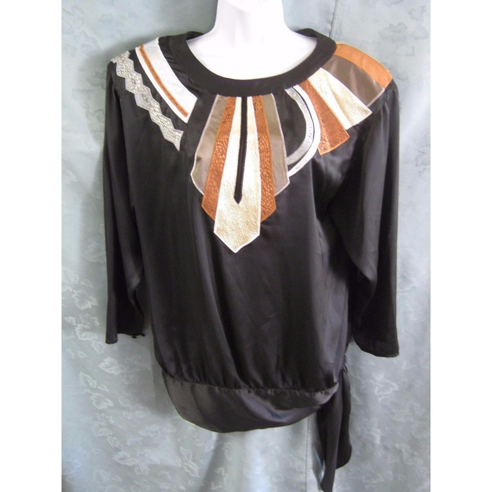 VTG 80's Sir James Satin Blouse Size Small Leather Applique ~ Side Tie ~ Black